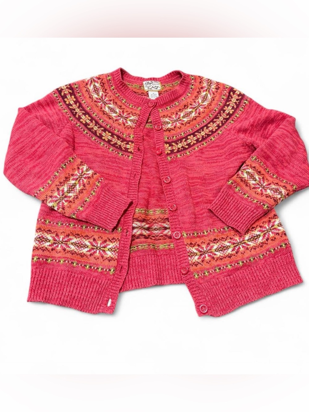 Fair Isles knit pink and orange cardigan